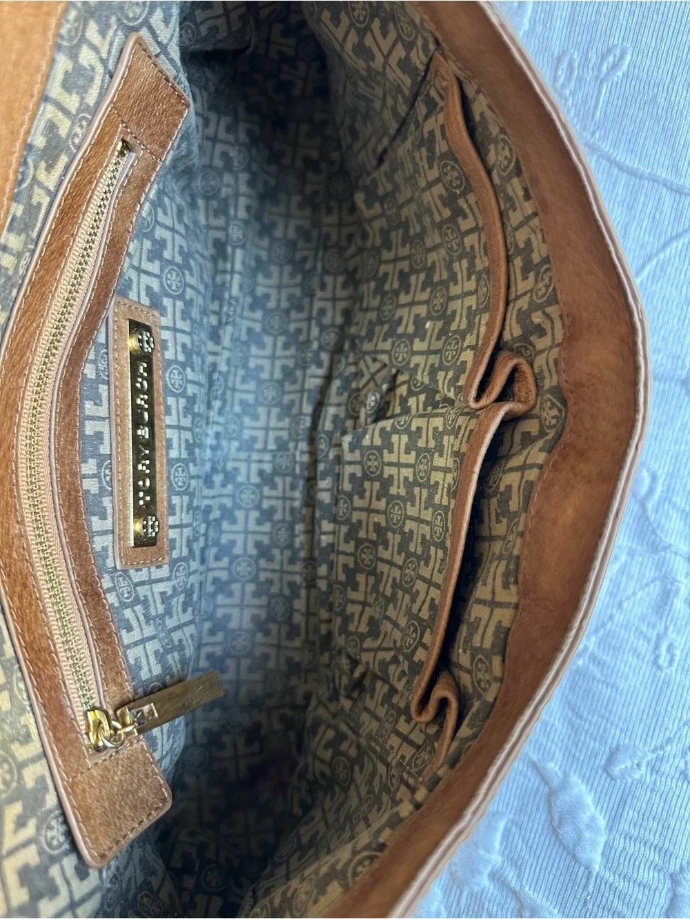 Tory Burch Tan Distressed Leather Shoulder Bag with Gold Logo Medallion